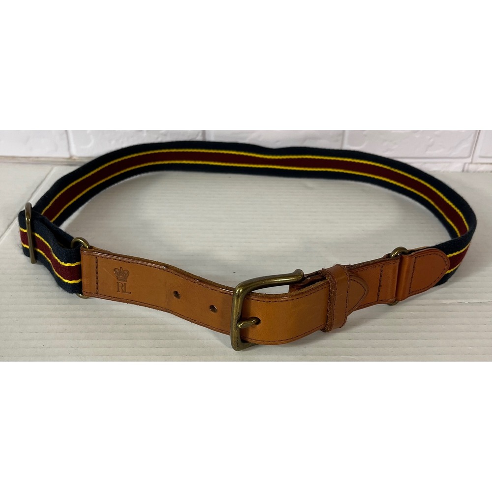 Polo Ralph Lauren Surcingle Belt Mens 32 Navy Burgundy Striped Leather Canvas